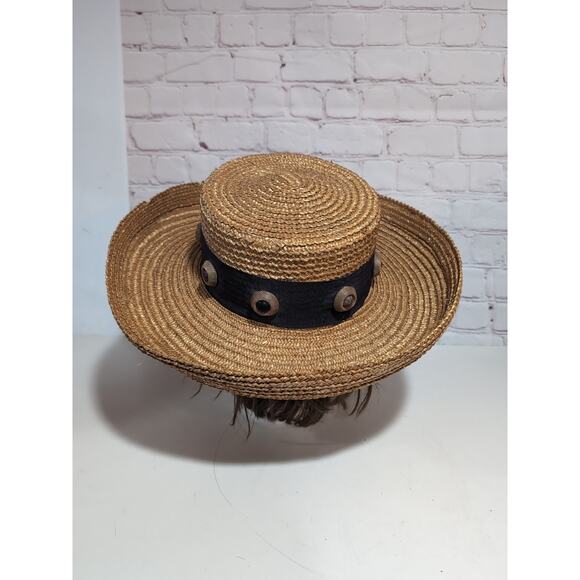 VTG Eric Javits Golden Straw Hat Sun Wide Brim Wide Band Brass And Stone Details - Picture 8 of 16